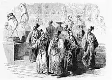 The members of the First Japanese Embassy to Europe (1862) visiting the 1862 International Exhibition in London, from the Illustrated London News.