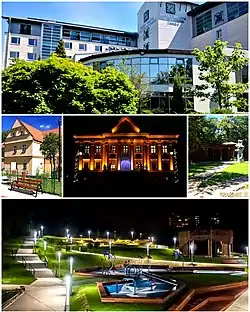 Top: City Hall, Middle left: Renaissance fortified manor, Middle center: Borynia Palace, Middle right: Inhalatorium in the Spa Park, Bottom: Entertainment Center
