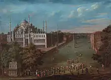The Grand Vizier Crossing the Atmeydanı by Jean Baptiste Vanmour shows the Hippodrome and the Sultan Ahmed Mosque in the early 17th century