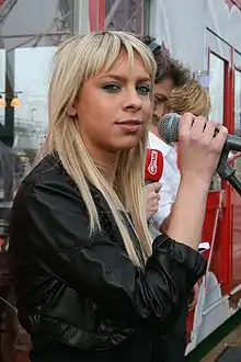 Jelle van Dael (Lasgo singer) doing a soundcheck during her visit to Q-music (De Draaiende Studio), Wijnegem Shopping Center, Wijnegem, Belgium.