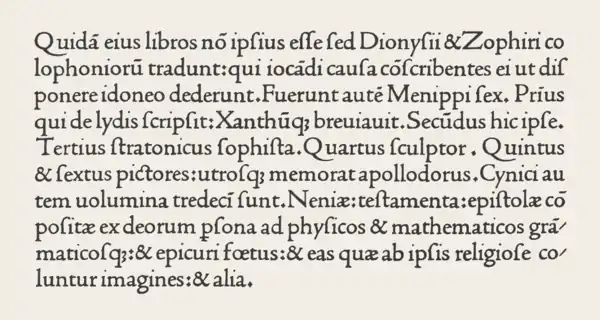 A facsimile of Nicolas Jenson's roman type used in Venice c. 1470. The abstracted long "s" (resembling a barless "f") fell out of use in the 19th century.