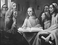 Jesus unter den Schriftgelehrten, or Jesus among the Scribes, painted by Han Van Meegeren, who forged this painting in the style of Johannes Vermeer to prove to the Dutch Courts he forged a painting called Christ with the Adultress that he traded to Hermann Göring for 137 paintings rather that selling an actual Vermeer, which would be collaboration punishable by death.