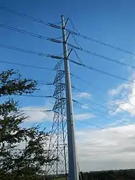 Steel pole RHB-03 (of anchor or flag design), one of the replacement poles used in the Lahar-Affected Transmission Line relocation project, along Jose Abad Santos Avenue, Bacolor, Pampanga.