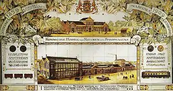 In this commemorative tile tablet for Beijnes, now in the Spoorwegmuseum, the old Beijnes factory across from the Haarlem station can be seen, that was built in the same style as the station itself in 1867. The Beijnes hall and workshop was situated across from the station, and is where the train locomotives were serviced and where the train and tram carriages were made.