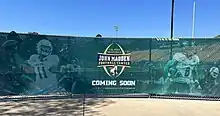A sign announcing the construction area for the John Madden Football Center is shown on the campus of Madden's alma mater, Cal Poly, in May 2023. Madden played at the then-Mustang Stadium, located in San Luis Obispo, Calif., in the late 1950s both before and after being drafted by the NFL's Philadelphia Eagles.