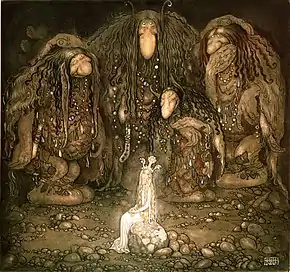 Illustration of three trolls surrounding a princess in a dark area, as adapted from a collection of Swedish fairy tales