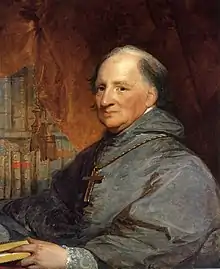 A painting of an elderly man seated wearing a long gray robe.