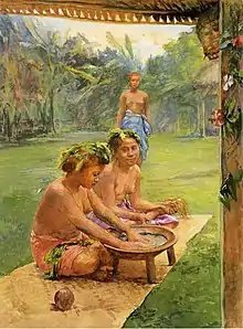 Young Girls Preparing Kava Outside of the Hut whose Posts are Decorated with Flowers, 1891