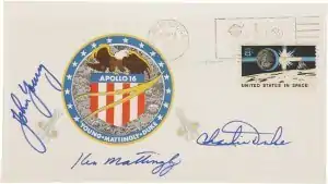 John Young's Apollo 16 Insurance Cover, postmarked April 16, 1972 and signed by John Young, Ken Mattingly and Charlie Duke