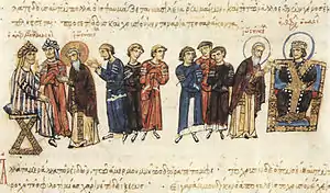 Medieval miniature of people standing between two seated rulers, one in Arab garb and one in Byzantine