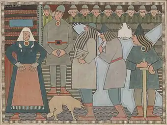 Arrival of Väinämöinen, Ilmarinen and Lemminkäinen at Pohjola, tempera by Joseph Alanen&nbsp;[fi]