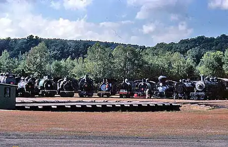 a photograph of locomotives at the turntable at Steamtown, U.S.A., Bellows Falls, Vermont