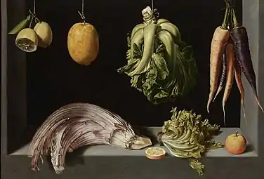 Vegetables and fruits, some suspended by thread.Still Life with Fruits and Vegetables by Juan Sánchez Cotán; c. 1600, 69 × 96&nbsp;cm, private collection.