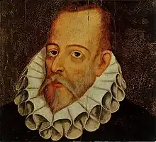 This portrait, attributed to Juan de Jáuregui, is unauthenticated. No authenticated image of Cervantes exists.