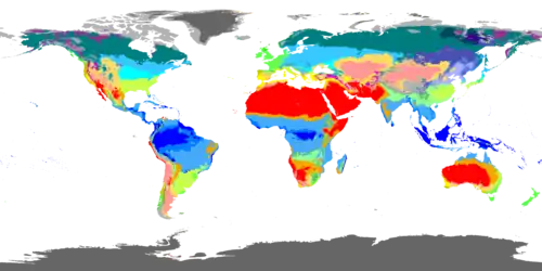 Map of world dividing climate zones, largely influenced by latitude. The zones, going from the equator upward (and downward) are Tropical, Dry, Moderate, Continental and Polar. There are subzones within these zones.