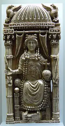 Diptych Leaf with a Byzantine Empress; 6th century; ivory with traces of gilding and leaf; height: 26.5&nbsp;cm (10.4&nbsp;in); Kunsthistorisches Museum (Vienna, Austria)