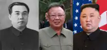 Three photos depicting each of the three members of the Kim family: Kim Jong-un, Kim Il-sung and Kim Jong-il.