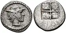 Coin of Alexander I, struck circa 460-450 BC. Young male head right, wearing petasos.