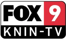 A white rounded rectangle divided into three parts. The top left, the largest, contains the Fox network logo in black. The top right contains a white 9 on red. The bottom, running across, has the white letters K N I N - T V.