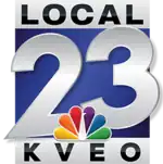From top: a silver box with the word "Local" in black, a blue box with a white slightly angled 23 in a sans serif extending beyong the box and an NBC logo toward the bottom, and a silver box with the letters K V E O in black.