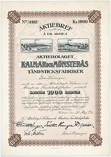 Stock certificate of Aktiebolaget Kalmar och Mönsteras Tändsticksfabriker for 1000 kroner, issued on 31 May 1912 to himself by Ivar Kreuger and signed in the original as a board member. In 1913 this company became part of Aktiebolaget Förenade Tändsticksfabriker with a total of 12 factories and Ivar Kreuger as managing director. In 1917 it was merged into Svenska Tändsticksaktiebolaget (STAB).