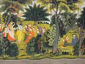 Krishna flirting with the Gopis, to Radhas sorrow - Kangra Painting c. 1760. Full sleeve choli and bodies are worn in Himalayan states of India.