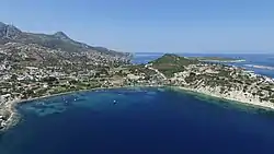 Aerial view of Karaburun town from the sea.