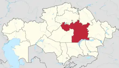 Map of Kazakhstan, location of Karagandy Region highlighted