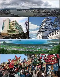 Top: View of Matsuura River and downtown Karatsu2nd left: Oteguchi Bus Terminal, 2nd right:Karatsu Castle3rd: Nijinomatsubara pine forest areaBottom: Karatsu Kunchi in November.