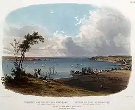 View of the Narrows, 1832, by Karl Bodmer. Fort Lafayette is visible off of the Brooklyn shore.