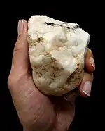 A hand holding a crude stone tool