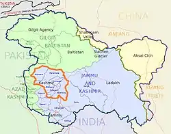 Kashmir division (bordered orange) shown within the wider Kashmir region