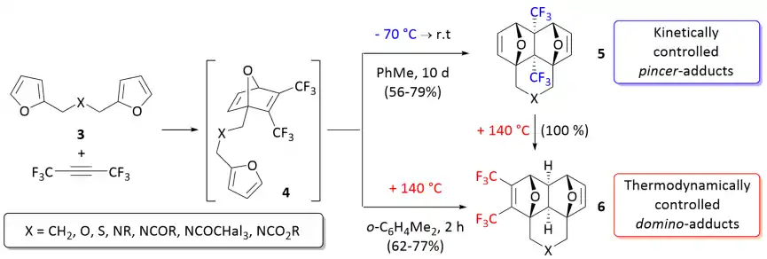 Kinetic and thermodynamic control of the tandem Diels–Alder reaction.