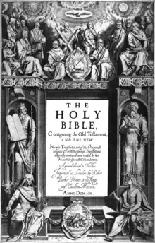 The title page's central text is:"THE HOLY BIBLE,Conteyning the Old Testament,AND THE NEW:Newly Translated out of the Original tongues: & with the former Translations diligently compared and revised, by his Majesties speciall Comandement.Appointed to be read in Churches.Imprinted at London by Robert Barker, Printer to the Kings most Excellent Majestie.ANNO DOM. 1611 ."At bottom is:"C. Boel fecit in Richmont.".