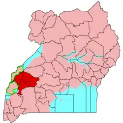 Location of&nbsp;the&nbsp;Tooro Kingdom&nbsp;(red)in Uganda&nbsp;(pink)