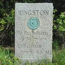 Historic granite milestone in Kingston, Massachusetts, marking the 42nd parallel.