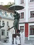 The "Kissing Students" fountain at the Raekoja plats square near Tartu Town Hall in Tartu, Estonia (1948)
