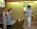Kiyoko Fukuda and Laura Bush following a lunch and tea ceremony at Akasaka Palace, Minato, Tokyo on February 18, 2002.