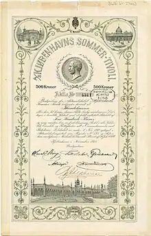 Stock certificate of the Tivoli Gardens for 500 kroner, issued in November 1918 in Copenhagen, signed by Knud Arne Petersen as Tivoli director