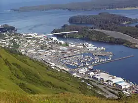 View of Kodiak from Pillar Mountain. At center, from top to bottom: the Near Island Bridge, downtown and the small boat harbor.