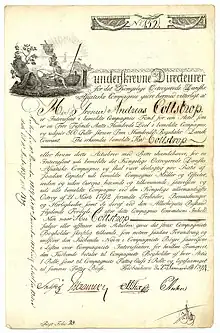 Stock certificate of the Royal Danish Asiatic Company for 500 Rigsdaler, issued in Copenhagen on 2 January 1794. At its best, the Asiatic Company and the Swedish East India Company imported more tea into Europe than the British East India Company and smuggled 90 per cent into England, where it sold it at a high profit.