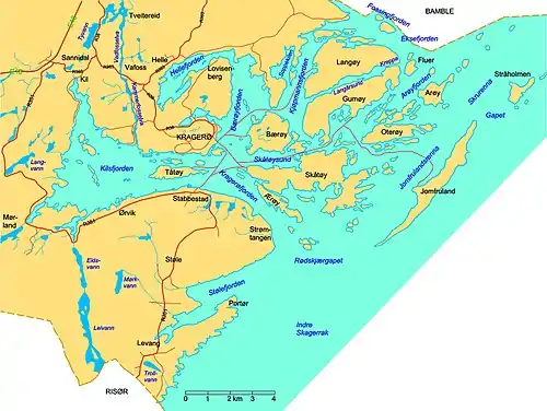 A closeup of the Kragerø archipelago.  Vadfoss is on the upper right of this map using the alternate spelling of "Vafoss."