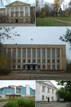 Left to right, top to bottom: Kudymkar Town Administration building, Park of Culture and Leisure; Ministry of Komi-Permyak Okrug Affairs; Komi-Permyak Okrug Theater of Drama, Komi-Permyak Museum of local lore