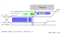 Schematic of station layout. Gray is the station forecourt. The narrow blue rectangle is the Miniami Aso platform, the thick blue is the JR Kyushu.