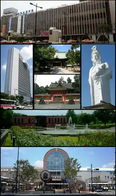 From the upper left:
Nishitetsu Kurume Station, city hall, Suitengu shrine, Kora-taisha shrine, Narita-san templeIshibashi bunka center, JR Kurume Station