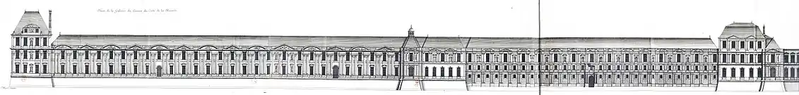 From left to right: the Pavillon de Flore, the western section designed by Jacques II Androuet du Cerceau, the Pavillon de la Lanterne, the eastern section designed by Louis Métezeau with two 5-bay pavilions  at either end, and the south end of the Petite Galerie. (From a single print from the Grand Marot, published in 1686. The print shows the wing as modified by Louis Le Vau after 1661.)