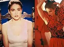 Split image of two females; the one on the left is wearing a white dress and looks at the camera, while the one on the right is dancing and dressed in a ruffled red dress.