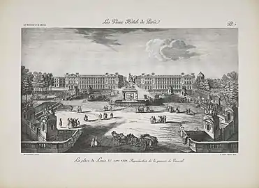Place Louis XV (now Place de la Concorde) in about 1791, with the Hôtel de la Marine on the right
