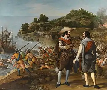 A 17th-century Spanish painting commemorating Captain Juan de Amézqueta's victory and Enrico's defeat at Puerto Rico de San Juan; by Eugenio Caxés, Museo del Prado.