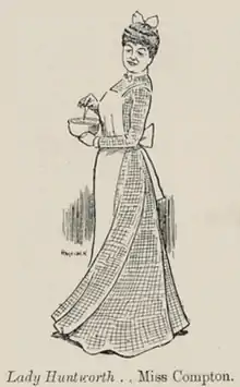 black and white sketch of middle aged white woman in long Victorian frock, wearing a cook's apron